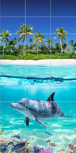 Tropical dolphin bathroom tile mural with coral reef and palm island